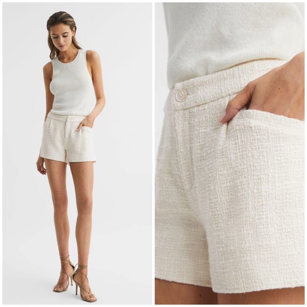 PAIGE Patrizia Textured High Rise Shorts in Cream Size 10